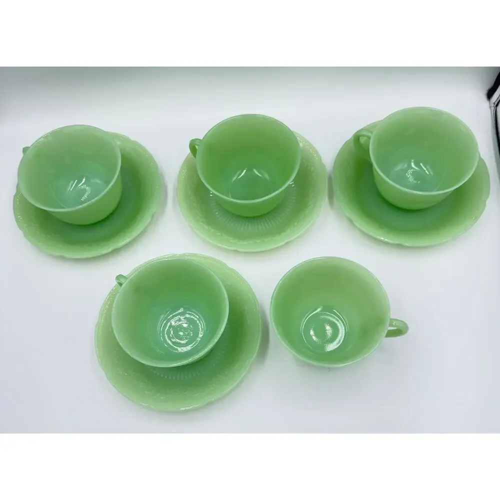 Anchor Hocking Fire King ALICE Jadeite Coffee Tea Cup & Saucer 9pc Lot